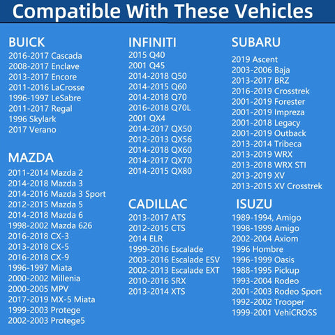 Vehicle compatibility list for Locking Gas Cap Replacement For Cars And SUVs, including Buick, Infiniti, Subaru, Mazda, Cadillac, Isuzu models.