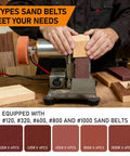 Slick Mini Belt Sander 110V With Quick Adjust Seven Speed Settings showcasing various sand belts for woodworking.