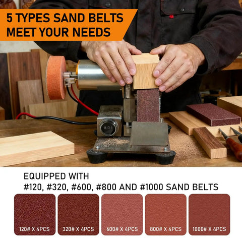 Slick Mini Belt Sander 110V With Quick Adjust Seven Speed Settings showcasing various sand belts for woodworking.