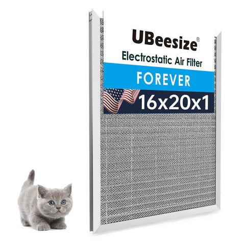 Electrostatic 16x20x1 Air Filter For HVAC And Furnace, MERV 8, Washable, aluminum frame, with cat for scale.