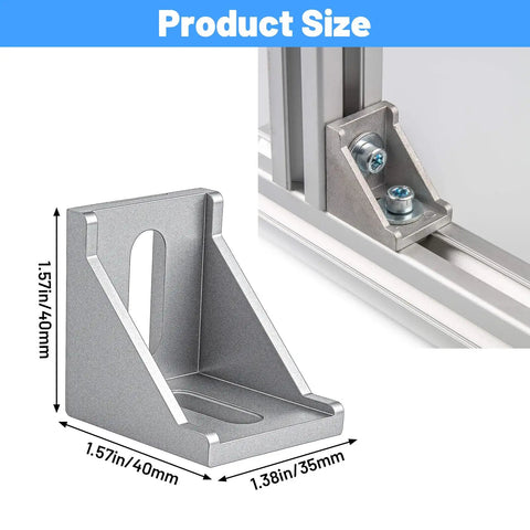 Close-up of 4040 aluminum extrusion corner bracket with size dimensions, part of the 20 Piece 4040 Aluminum Extrusion Connector Kit With Corner Brackets Including 40 M8 T Slot Nuts 40 Washers And 1 Wrench For Industrial Aluminum Profile Assembly Projects Silver