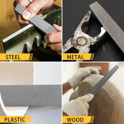 8 Inch Flat Metal File Professional Grade Carbon Steel Tool Sharpener used on steel, metal, plastic, and wood surfaces.