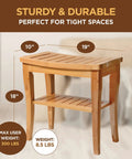 Dope Bamboo Shower Bench Spa Stool With 2 Tier Wood Seat And Storage Shelf, dimensions highlighted, shown in bedroom.