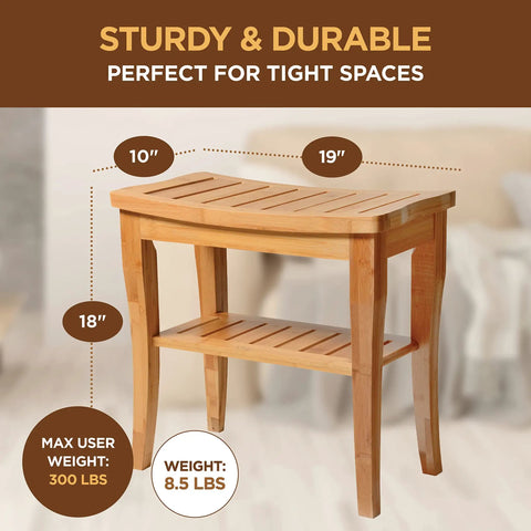 Dope Bamboo Shower Bench Spa Stool With 2 Tier Wood Seat And Storage Shelf, dimensions highlighted, shown in bedroom.