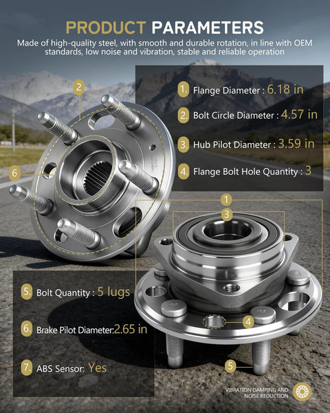 Front And Rear Wheel Hub And Bearing Assembly Pair For Chevy Equinox, GMC Terrain, Malibu, And Impala 5 Lug with specifications