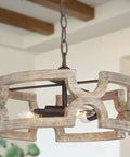 Three-Light Rustic Drum Farmhouse Chandelier With Hand-Painted White Wood Finish shown in elegant dining room setting