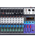 Front view of 8 Channel Audio Mixer With Bluetooth And USB For DJ Podcast Live Streaming And Karaoke 48V Phantom Power 24 DSP Effects