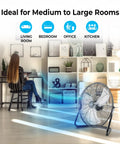 20-Inch High Velocity Floor Fan For Garage And Workshop, Heavy-Duty Metal Shop Fan with 3 Speed Settings in a living room