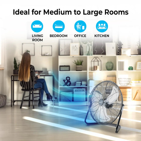 20-Inch High Velocity Floor Fan For Garage And Workshop, Heavy-Duty Metal Shop Fan with 3 Speed Settings in a living room