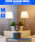 Comparison of 5000K daylight white and 2200K on desk lamps illustrating color difference, reflecting A19 LED Bulbs 60 Watt Equivalent Yet 9W Non Dimmable Flicker Free 800 Lumens Daylight White 5000K E26 Base Long Lasting Energy Saving Great For Living Room And Bedroom 12 Pack light output