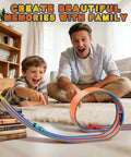 Father and son playing with 15 Ft Flexible Race Car Track With Suction Cups For Diecast 1/64 Cars, Buildable Ramp Track For Kids 3 Plus, Includes 4 Mini Cars And Monster Trucks, Perfect Birthday Gift For Boys And Girls, Totally Fun on carpet.