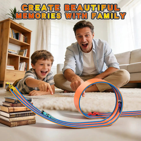 Father and son playing with 15 Ft Flexible Race Car Track With Suction Cups For Diecast 1/64 Cars, Buildable Ramp Track For Kids 3 Plus, Includes 4 Mini Cars And Monster Trucks, Perfect Birthday Gift For Boys And Girls, Totally Fun on carpet.