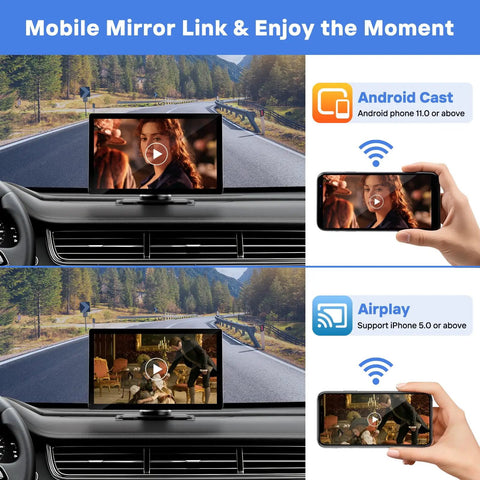 9 Inch Wireless CarPlay Screen For Car With 4K Dash Cam And 1080p Backup Camera DVR showing mobile mirror link feature
