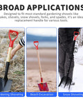 Image of a two pack red D shaped PVC shovel handle grips for plastic spades replacement snow shovel garden tool in use on various tools.