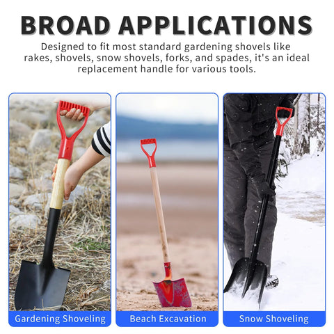 Image of a two pack red D shaped PVC shovel handle grips for plastic spades replacement snow shovel garden tool in use on various tools.