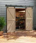 Installed 10 Foot Box Rail Exterior Barn Door Hardware Kit For Two Doors System Wall Mount Sliding Track Kit on wood shed