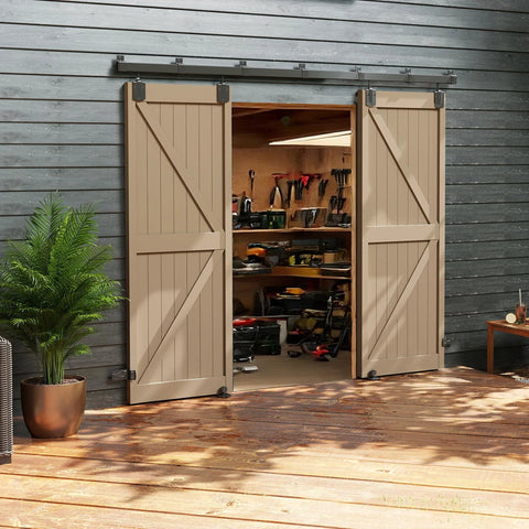 Installed 10 Foot Box Rail Exterior Barn Door Hardware Kit For Two Doors System Wall Mount Sliding Track Kit on wood shed