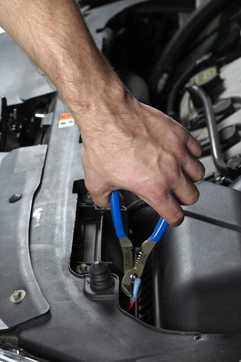 Using Angled 4 In 1 Wire Tool With Crimper Cutter Stripper And Gripper For Tight Spots in car engine wiring