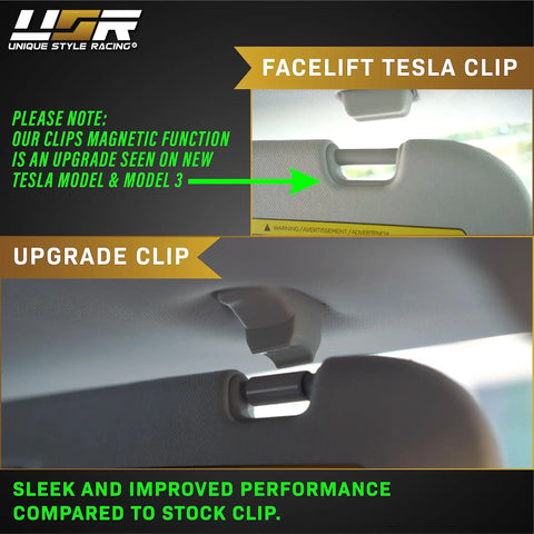 Comparison of OEM and Tesla Model 3 Magnetic Sun Visor Clip Upgrade Kit 2017 2020 installation; top is original, bottom is upgraded.