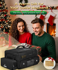 Couple exchanging gifts beside Premium Golf Trunk Organizer For Cars With Insulated Pouch And Dust Proof Layer Multi Compartment Design