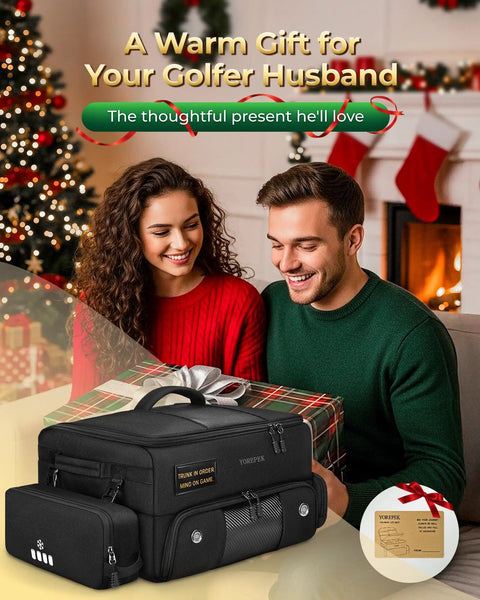 Couple exchanging gifts beside Premium Golf Trunk Organizer For Cars With Insulated Pouch And Dust Proof Layer Multi Compartment Design