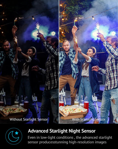 Comparison of night scene with and without starlight sensor on Outdoor And Indoor Wired Security Cam With 4MP 2K Clarity IP65 Weatherproof Starlight Sensor 100 Ft Night Vision Motion And Person Detection Two Way Audio With Spotlight US Cloud Access Compatible With Alexa iOS Android And Web, highlighting improved clarity.