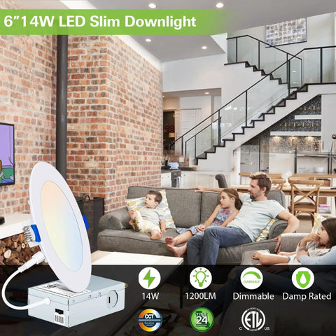 Family room with installed 6-inch ultra-thin LED recessed ceiling light showing 12 Pack 6 Inch Ultra Thin LED Recessed Ceiling Lights With Junction Box 5 CCT Dimmable Switchable 2700K 3000K 3500K 4000K 5000K 14W Equal 100W 1200 Lumens Easy Install Can Killer Recessed Downlights ETL Listed
