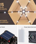 Easy Pop Up 13x13 Patio Gazebo Tent With All Around Mesh Sides And 25 Solar LED Lights detail with solar panel and power bank shown.