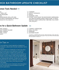 Checklist for quick bathroom update including common tools and items like towel rings, wall plates, and mirrors, with bathroom image.