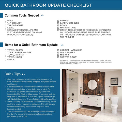 Checklist for quick bathroom update including common tools and items like towel rings, wall plates, and mirrors, with bathroom image.