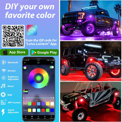 4 Pod RGB LED Rock Lights Underglow Kit With Multicolor Neon Glow App Control And Music Mode Wheel Well Lights for Trucks, Jeeps, ATVs.