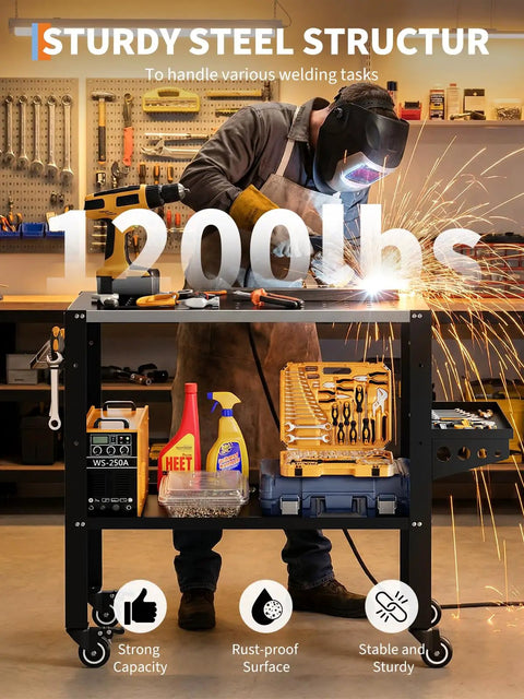 Dang Solid Heavy Duty Welding Table Workbench With 36 X 18 Inch Steel Top and Locking Casters Holds 1200 Lbs, shown in use.