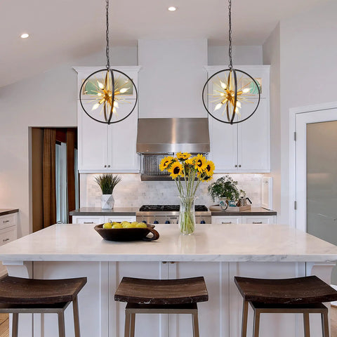 Modern Sputnik Style 6 Light Starburst Chandelier, 18-Inch Globe Fixture In Black And Gold above kitchen island