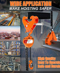 Vertical beam clamp front view, orange, 2-ton capacity, 3–9 in opening range with chain hoist