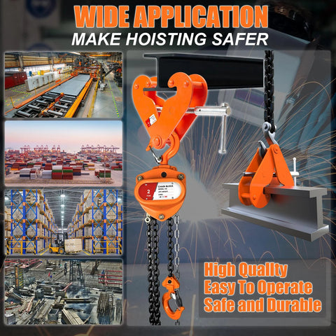 Vertical beam clamp front view, orange, 2-ton capacity, 3–9 in opening range with chain hoist