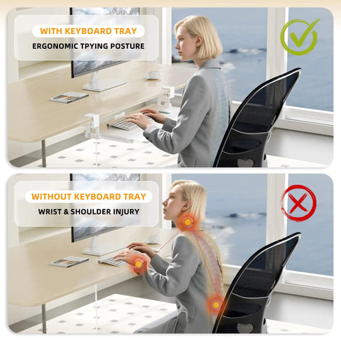 Two scenarios showing ergonomic benefits of Under Desk Keyboard Tray With Pull Out Slide And C Clamp Mount for typing posture.