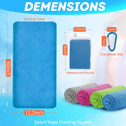 4 Pack Cooling Towels 40x12 Inches Instant Chill Microfiber Sweat Towels dimensions and accessories illustration