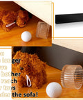 12 Pack Under Couch Blocker Black Pet Barrier Strip To Lock Down Your Sofa Gap And Keep Dogs From Crawling Beneath Furniture With Strong Peel Adhesive Backing And Reusable Guard, showing toys near barrier.