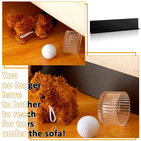 12 Pack Under Couch Blocker Black Pet Barrier Strip To Lock Down Your Sofa Gap And Keep Dogs From Crawling Beneath Furniture With Strong Peel Adhesive Backing And Reusable Guard, showing toys near barrier.