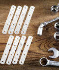 10Pcs Stainless Steel Corner Braces With Screws For Stable Connection Silver Metal Mounting Plates on wooden surface with tools