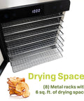 Top Shelf Eight Tray Stainless Steel Food Dehydrator Running Smooth With Digital Timer And Adjustable Temp Control Made For Killer Jerky Dried Fruits Veggies Fresh Herbs Dog Biscuits 650W Bpa Free showing 8 metal racks and digital timer.