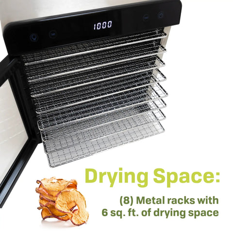 Top Shelf Eight Tray Stainless Steel Food Dehydrator Running Smooth With Digital Timer And Adjustable Temp Control Made For Killer Jerky Dried Fruits Veggies Fresh Herbs Dog Biscuits 650W Bpa Free showing 8 metal racks and digital timer.