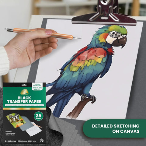 Graphite Transfer Paper 9x13 Inches, 25 Sheets, Waxed Carbon Paper For Tracing Black used on a parrot sketch on canvas.