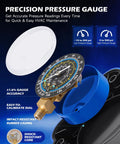 Precision pressure gauge for AC Manifold Gauge Set For R134a R12 R22 R502 with easy-to-calibrate dial and shock-resistant rubber casing.