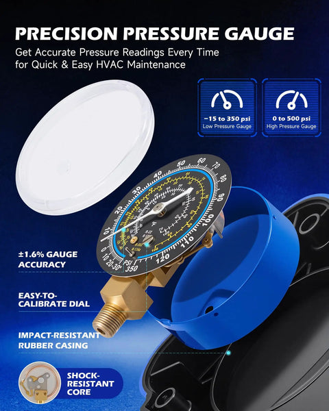 Precision pressure gauge for AC Manifold Gauge Set For R134a R12 R22 R502 with easy-to-calibrate dial and shock-resistant rubber casing.