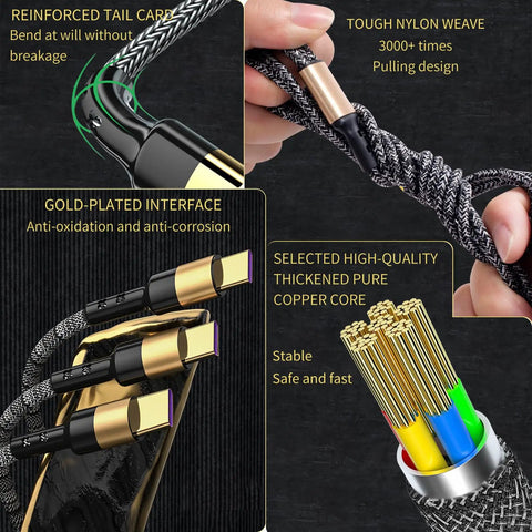 3 In 1 USB C Fast Charge Cable For DJI Drones Compatible With Mini 5 Pro Mini 4 highlighted features like nylon weave and gold-plated tips.