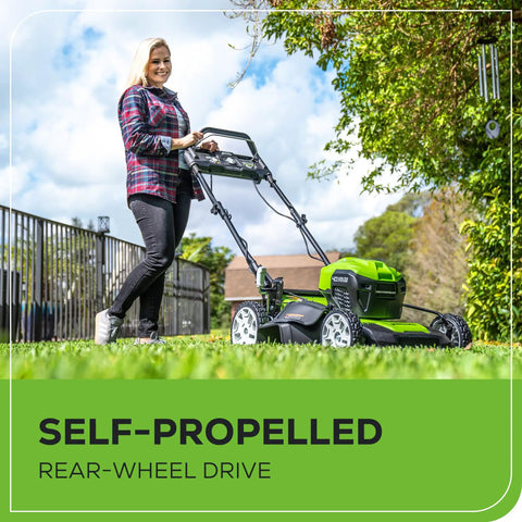 Woman using 40V Cordless 21 Inch Brushless Lawn Mower With Self Propelled Smart Pace No Gas Easy Start Up To 60 Minutes Runtime