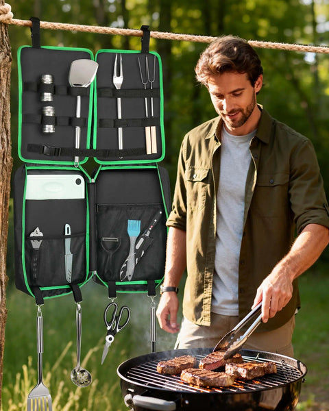 Portable 16-Piece Camping Kitchen Set with grill accessories, outdoor cooking tools, man grilling steaks at a barbecue