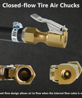 Heavy Duty Brass Locking Air Chuck With Leak Proof Gasket And Secure Grip Design For Fast Tire Inflation And Smooth Compressor Connection close-up of closed-flow tire air chucks with valve open