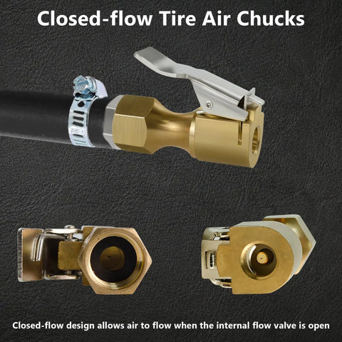 Heavy Duty Brass Locking Air Chuck With Leak Proof Gasket And Secure Grip Design For Fast Tire Inflation And Smooth Compressor Connection close-up of closed-flow tire air chucks with valve open